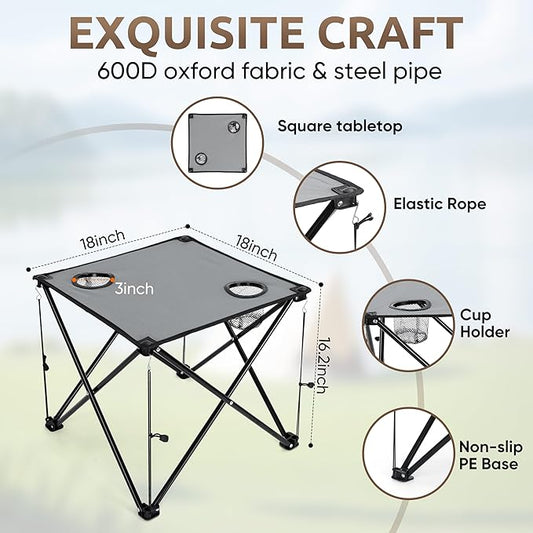 HaSteeL Folding Beach Chair Set of 3, Foldable Black Camping Chairs & Grey Table for Outside, Low Beach Chair Portable for Adults Fishing, Picnic, Outdoor BBQ, Cup Holder & Storage Bag