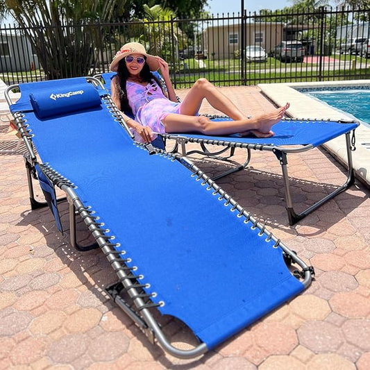 KingCamp 2 Pack Lounge Chair Outdoor, Folding Portable Tanning Chairs Comfy Adjustable 5-Position Lay Flat Foldable Chaise Chaser Lounger with Pillow for Outside Beach Patio Sun Bathing Pool, Blue