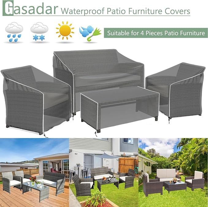 Gasadar Patio Furniture Cover 4-Piece Set, Outdoor Furniture Cover Waterproof for Lawn Patio Chairs, Loveseat and Coffe table, Grey
