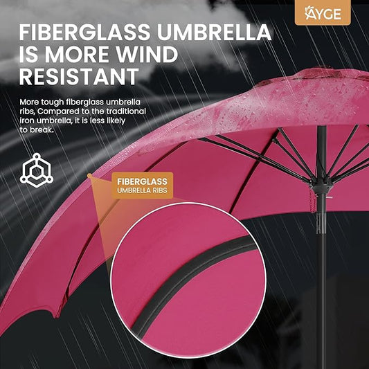 Ayge 9FT Large Outdoor Patio Umbrella Market Table Umbrella-UV Resistant, Easy Push Button Tilt and Crank, 8 Sturdy Fiberglass Ribs Heavy-Duty Pool Umbrella for Deck, Backyard,Garden,Rose Pink