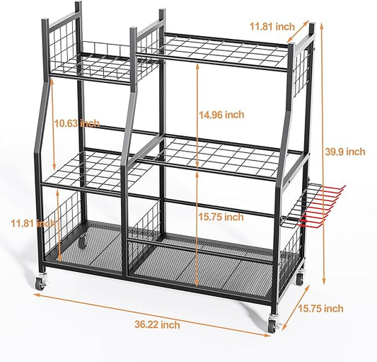 Garden Tool Organizer with Wheels for Garage, Freestanding Garage Tool Organizer, Yard Tool Holder, Garden Tool Cart for Long Handled Tools,Rakes, Brooms, Yard Storage Rack for Shed, Indoor, Outdoor