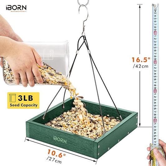 iBorn Platform Bird Feeder Tray Bird Feeders for Outdoors Hanging for Outside Flat Birdfeeder Tray with Large Capacity 3LBS, WPC Recycled Plastic & Cedar Look, Waterproof, 10.6"x10.6", Green