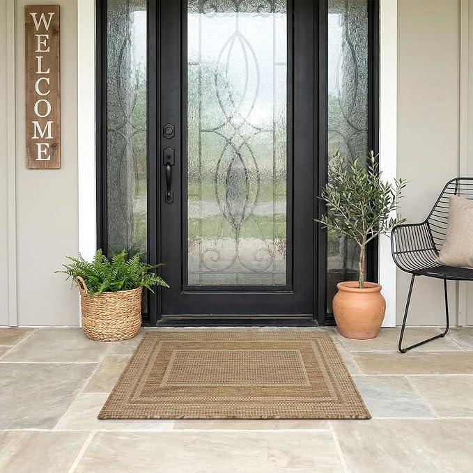 MontVoo-2x3 Outdoor Rug Porch Entryway Rug-Polypropylene Door Mat Indoor Outdoor Entrance Entry Rugs Kitchen Rugs, Textured Weave, Durable, Fade-Resistant, Non-Shedding, Modern Neutral Brown