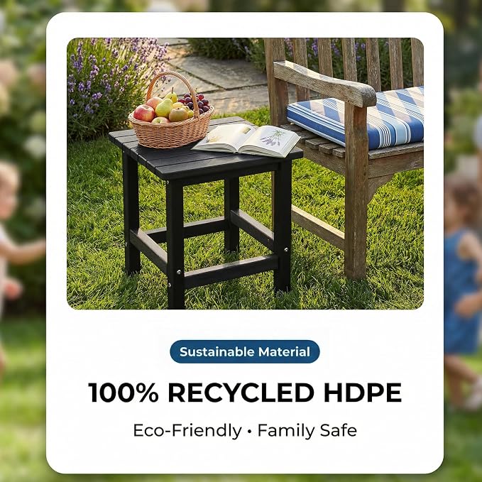 PASAMIC Adirondack Square Outdoor Side Table, HDPE Small Outdoor Table, Patio End Table for Patio, Pool, Backyard, Weather-Resistant, Easy Maintenance (Jet Black)