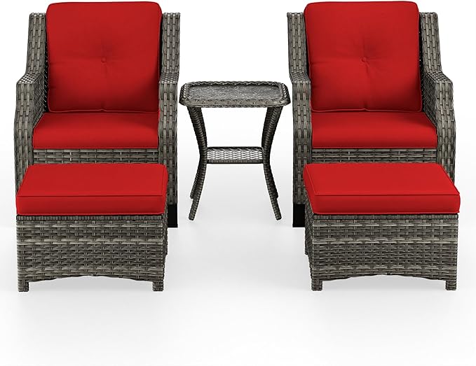 5 Piece Patio Furniture Wicker Conversation Set, 2 Chairs, 2 Ottomans with 1 Side Table, for Outdoors, Backyard, Deck, Red