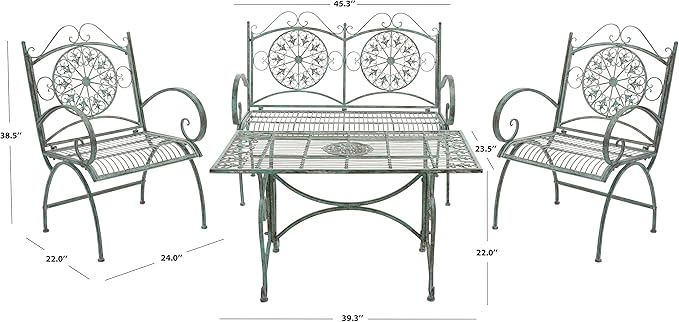 SAFAVIEH Outdoor Collection Sophie Victorian Scroll Antique Dark Green Wrought Iron 4-Piece Patio Set