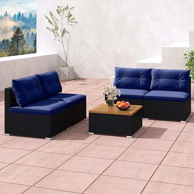 RELAX4LIFE 5-Piece Wicker Outdoor Furniture - PE Rattan Sectional Conversation Set w/4 Armless Sofas & Acacia Wood Coffee Table, Cushioned Patio Sofa Set for Garden Poolside Backyard Porch (Navy)