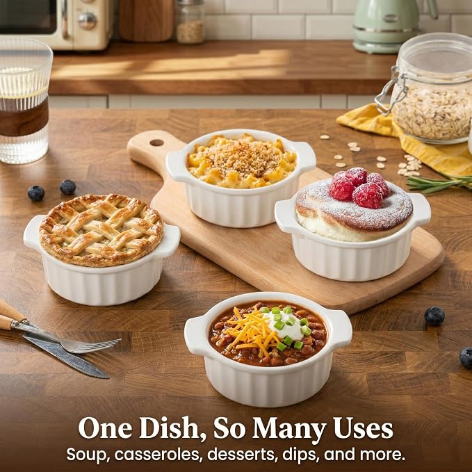 12 oz Ramekins Oven Safe, French Onion Soup Bowls with Handles, Ceramic Small Baking Dishes for Crème Brûlée, Soufflé, Pot Pie & Mini Casserole, Set of 4