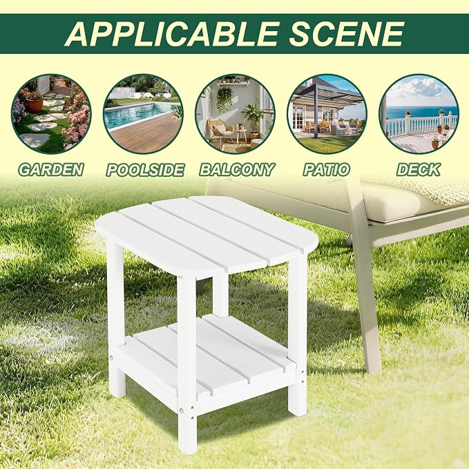 LZRS 2-Tier Patio Side Table, Heavy Duty HDPE Outdoor End Table with Wood Texture, Weatherproof Composite Table for Adirondack Chairs, Deck, Pool, Indoor/Outdoor, No Peeling Cracking(White)