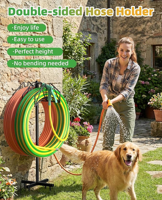 Garden Hose Holder, Double-Sided Water Hose Holder Stand Holds 2×160ft, Heavy Duty Freestanding Hose Storage Rack Hanging with Spikes, Metal Hanger for Outside Garden Yard Lawn Farm Gardening Tools