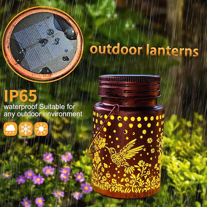 Solar Mason Lanterns, Hummingbird Garden Outdoor Decor LED Light Hanging Waterproof Metal Lanterns for Patio, Pathway, Yard (Hummingbird 2pack)