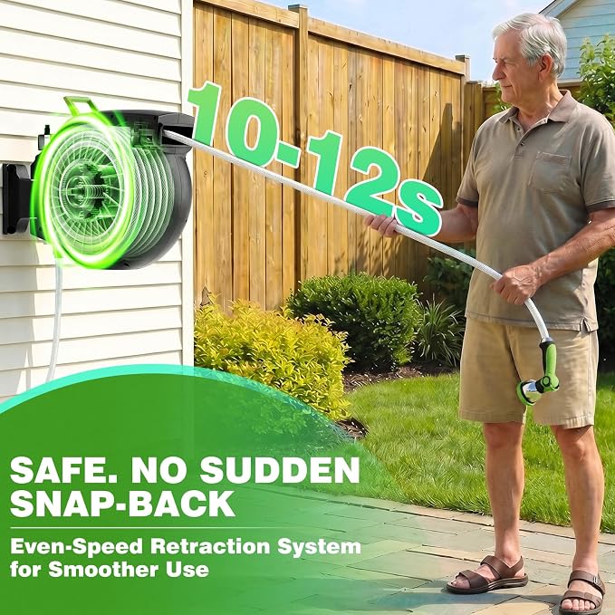 Retractable Garden Hose Reel 82FT x 1/2 in, Wall Mount Water Hose Reel for Outside with Auto Rewind, Tangle-Free Guide, 180° Swivel Bracket, Lock at Any Length, High-Pressure Flow, 10-Pattern Nozzle