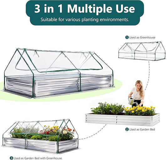 NEWBULIG 8x4x1ft Galvanized Raised Garden Bed with Greenhouse Cover, Outdoor Metal Planters Box for Planting Vegetables, Flowers & Herbs, Easy Assembly, Clear