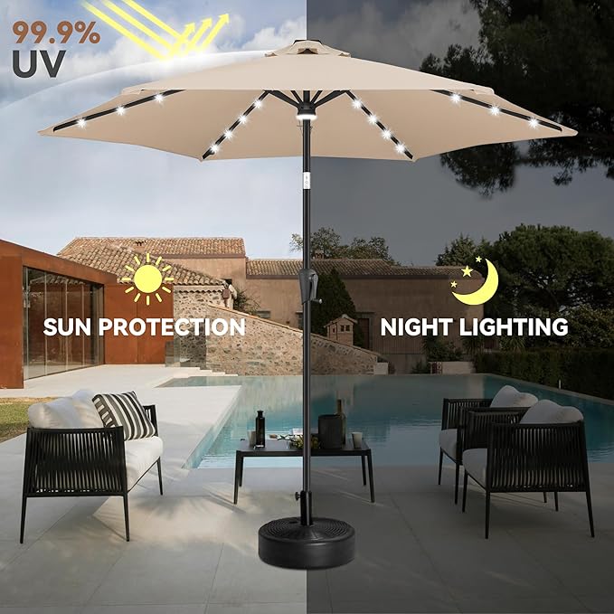 10ft Solar Patio Umbrella - Outdoor Umbrella with Centre Surround Light 24 LED Beads, Market Table Umbrella with Tilt & Crank for Pool, Porch, Garden, Deck, Backyard UV Protection(Beige)