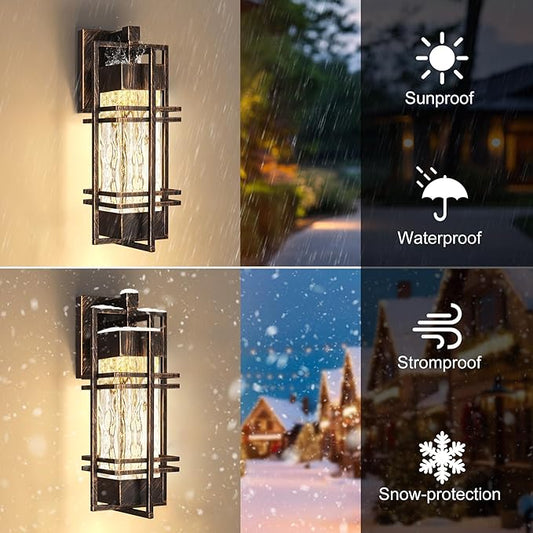 Water Ripple Wall Lantern, Outdoor Front Porch Light Fixtures Wall Mount,2 Pack Gold-Brushed Black Exterior Lighting Fixtures, Waterproof Wall Sconce Lights, Lantern Lamp for Garage(Bulb Included)