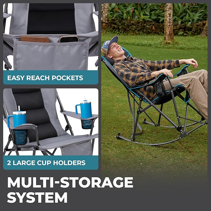 FUNDANGO Oversized Rocking Camping Chair for Adults, 2 Pack High Back Padded Folding Lawn Chairs with Pillows, Wide Armrest, 2 Cup Holders, Carry Bag for Patio Garden Outdoor Supports 440Lbs