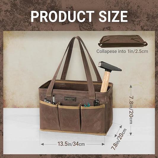 13.5-Inch Foldable Open Top Waxed Canvas Tool Bag, Multi-Purpose Wrench Tool Pouch with Handle, Durable and Water Resistant(Grey)