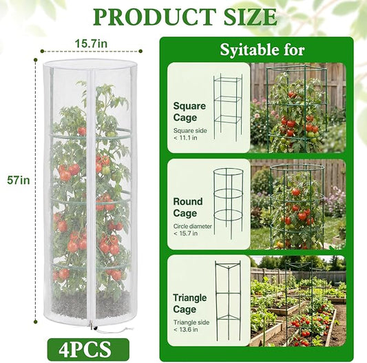 4 Pcs Garden Mesh Plant Cover for Round Tomato Cage, 57" x 15.7" Insect Bird Netting Protection Net Covers with Zipper & Drawstring, Garden Tomato Trellis Netting for Climbing Plants