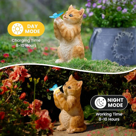Solar Orange Tabby Cat Light Garden Statue Outdoor Decor, LED Kitten Figurine with Butterfly, Lawn Ornament for Yard Porch Balcony Patio Decoration, Birthday Gift for Women Mom Grandma Sister