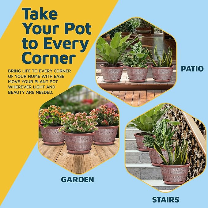 10-Inch Whiskey Barrel Planters Outdoor Pack of 5 - Durable Plastic Plant Pots for Indoor & Outdoor Use with Drainage & Saucer, Lightweight Rustic Barrel Planters for Flowers, Herbs & Small Plants