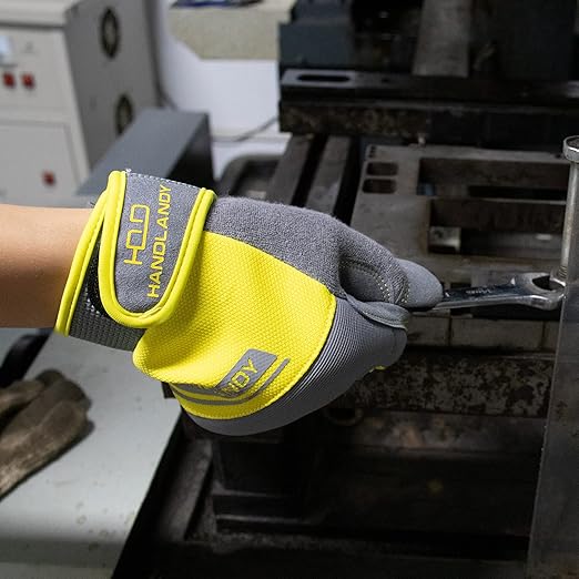 HANDLANDY Work Gloves Mens & Women, Utility Safety Mechanic Working Gloves Touch Screen, Flexible Breathable Yard Work Gloves (Large, Grey&Yellow)