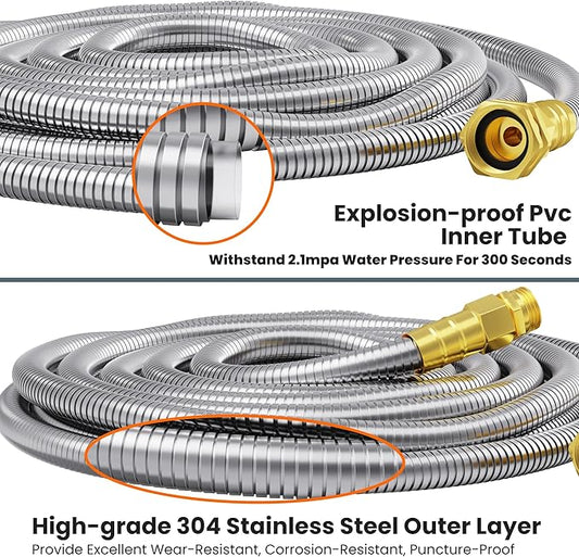 Giraffe Tools Garden Hose 100ft x 5/8", 304 Stainless Steel Metal Water Hose, No Kink Garden Water Hose with 9 Pattern Spray Nozzle, Flexible, Lightweight, Kink Free Hose for Yard, Outdoor