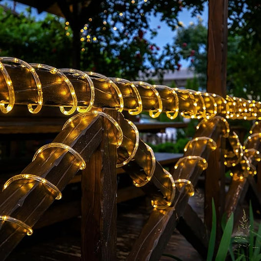 Solar Rope Lights, 66ft 200LED Solar String Lights, 8 Modes Waterproof Solar Powered Outdoor Light, Flexible Clear Tube Light for Garden, Backyard, Patio, Deck, Porch, Pool, Tree Decor - Warm White