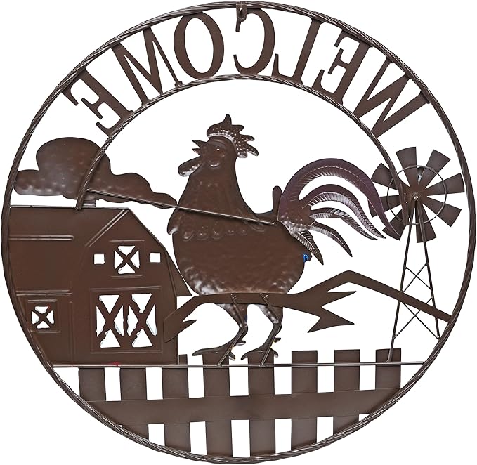 Alpine Corporation SCC578L Large Round Rooster and Farm Welcome Wall Decor, Sign for Entryway & Walkway, 30" Diameter, Multicolor