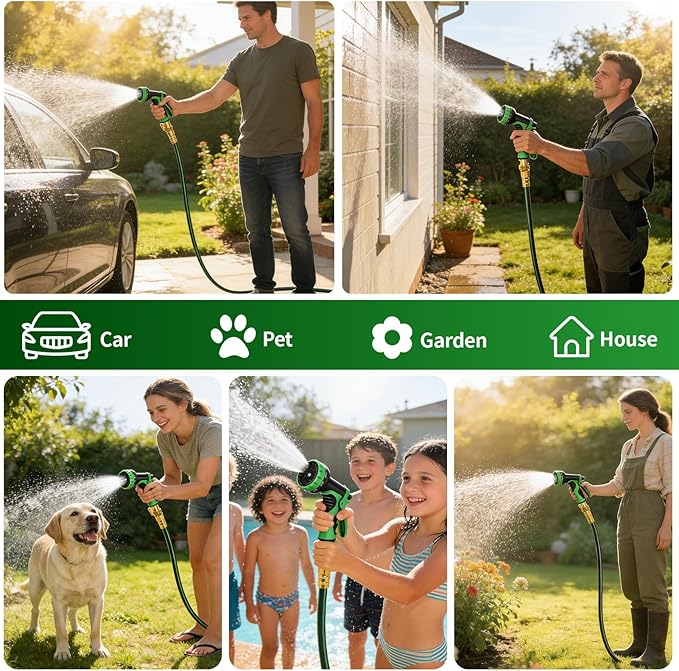 Gardentime Non-Expanding Garden Hose 100FT Flexible No Kink Water Hose, Leakproof Hybrid 5-Layer TPV with 3/4" Connectors & 10 Function Spray Nozzle, Lightweight Portable Water Pipe for Lawn Yard