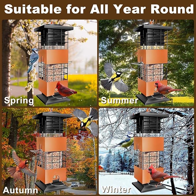 Squirrel Proof Bird Feeder, 3Lbs Hanging Anti-Squirrel Bird Feeders for Outdoors, Metal Weight-Activated Perches Wild Birdfeeder for Blue Jay, Cardinal (Brown)