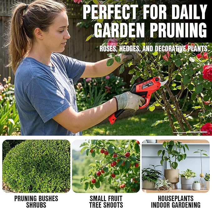 EWORK Cordless Electric Pruning Shears 4.2V Rechargeable 4000mAh Battery, 0.7 Inch Cutting Diameter, 2 SK5 Blades Quick Tool-Less Replacement, Handheld Pruner for Garden Tree Branch Trimming