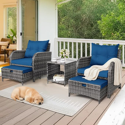 5 Pieces Wicker Outdoor Patio Chairs Set with Ottoman, All Weather PE Rattan Patio Conversation Furniture Set Outdoor Furniture Set with Hidden Ottoman for Poolside Garden Balcony, Blue