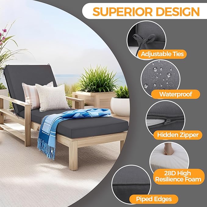 Outdoor Chaise Lounge Cushion - Waterproof & Fade Resistant Patio Lounger Cushions with Removable Cover for Pool, Deck, Lawn .70 x 22 x 4 Inch (Dark Gray)