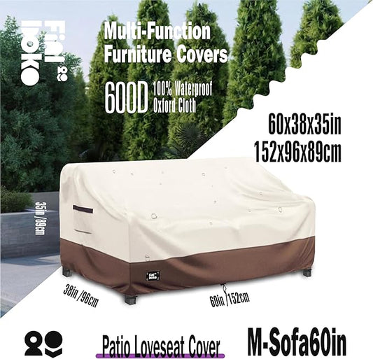 2-Seater Outdoor Couch Cover,60" Wx38 Dx35 H Patio Loveseat Cover,100% Waterproof Heavy Duty Patio Sofa Covers,Patio Furniture Covers,Beige&Brown