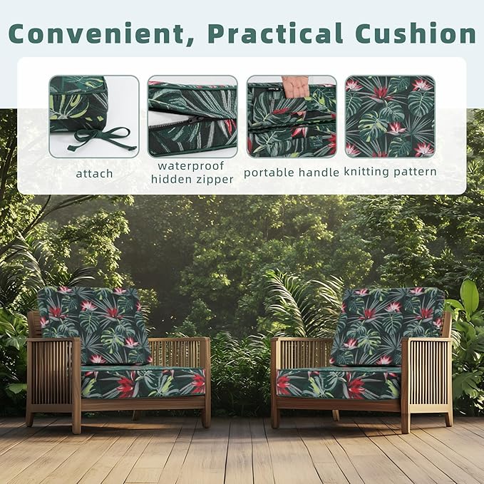Favoyard Deep Seat Patio Cushion 24 x 24 x 4 in Waterproof Seat & Back Cushion Set with Color Fade Resisitant Pattern, Portable Handle, Attach Straps, Zipper on Removable Cover for Outdoor Furniture