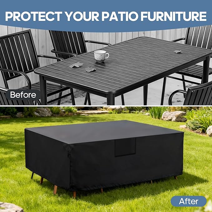 DUMOS Outdoor Furniture Cover Rectangular Heavy Duty 600D Waterproof UV Resistant Patio Sofa Couch Sectional Cover for Deck Table Chairs Backyard Dining Sets, 108"L x 82"W x 28"H, Classic Black