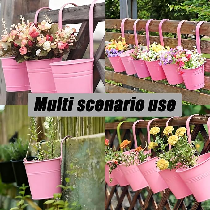 6 Pcs Hanging Flower Pots with Detachable Hooks,Metal Iron Bucket Planter for Railing,Fence,Balcony Garden Decor,4INCH,Pink