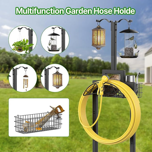 Garden Hose Holder, Water Hose Holders for Outside with Storage Basket & 2 Shepherds Hooks, Detachable Garden Hose Holder Freestanding, Heavy Duty Hose Holder Supports 150ft Hoses