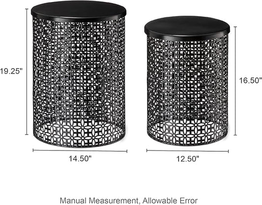 Glitzhome Outdoor Side Table Set of 2, Decorative Garden Stool for Indoor Outdoor Heavy Duty Metal Frame Accent Table Modern End Table, Glossy Black