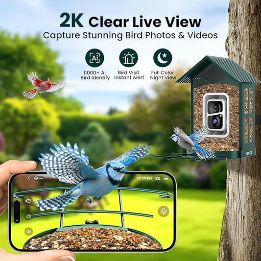 SOLIOM Solar Bird Feeder with Camera for Outdoors - Durable Metal AI Smart Birdhouse, 2K Live View & Instant Alerts, Squirrel Proof - Ideal Bird Watching Gift (Green)