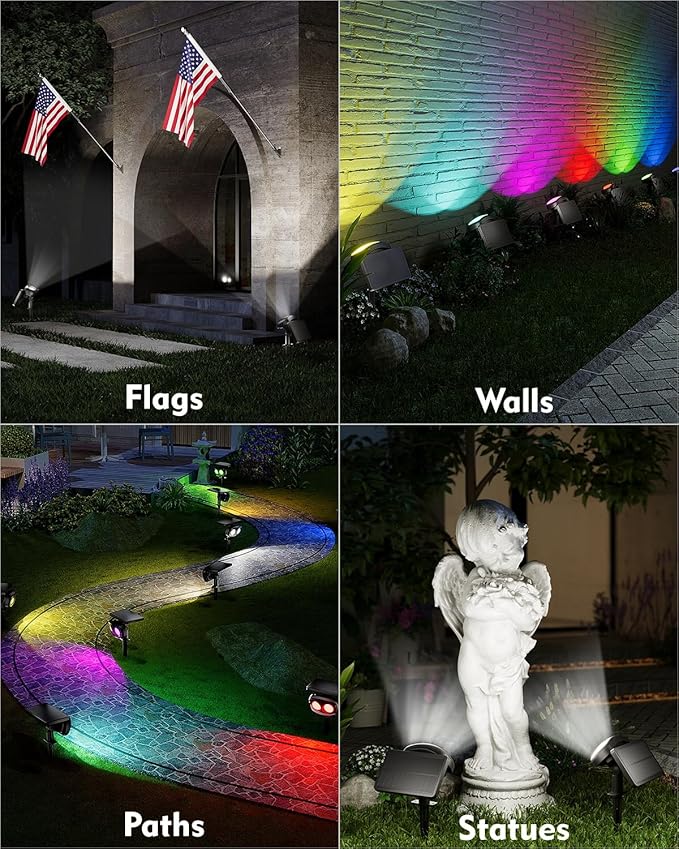 Solar Spot Lights Outdoor Waterproof IP68, RGB Colors Changing Solar Lights with 4 Lighting Modes, Solar Powered Lights Outdoor for Garden Yard Outside Landscape (2Pack)