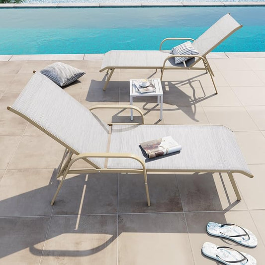 Crestlive Products Chaise Lounge Chair Outdoor with Armrests, Pool Lounge Chairs Set of 2, Aluminum Adjustable 5 Positions Sun Tanning Lounger for Patio, Poolside, Yard, Deck, Backyard (Mix Color)