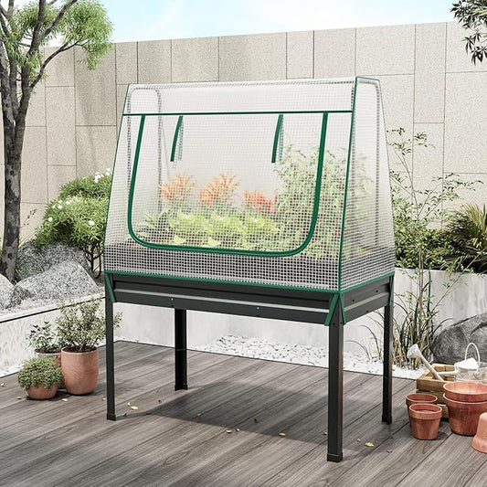 Giantex 3-in-1 Raised Garden Bed with Greenhouse Cover & Trellis Rope, Galvanized Metal Elevated Planter Box w/ Legs, Drainage Holes, 46”x23.5”x59” Raised Bed for Flower Herb Vegetable, Easy Assembly
