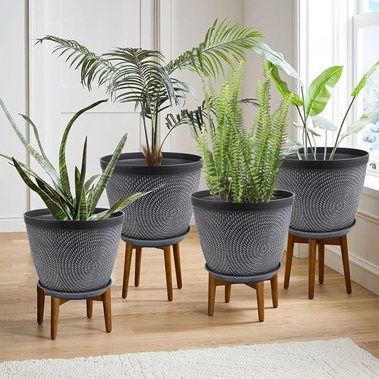 Quarut Large 12 Inch Plant Pot for Plants Outdoor Indoor, 4 Pack Plastic Flower Pots with Drainage Hole & Saucer, Modern Decorative Garden Pot with Saucer, Plant Container for House(Gray)