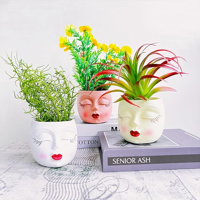 Girl Face Flower Pot Small Lady Head Planter Funny Flower Pot for Cactus Lovely Resin Head Face Planter with Anti-Friction Pads Pale Yellow 1Pack