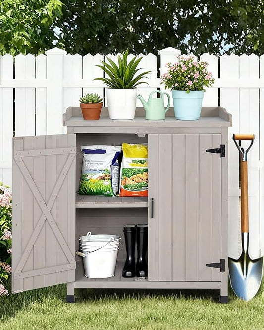 Outdoor Storage Cabinet with Metal Work Top|Waterproof Wooden Potting Bench|Spacious Patio Cabinet with Raised Side Rail for Garden Tools, Backyard,Lawn Gardening|Gray Outdoor Cabinet