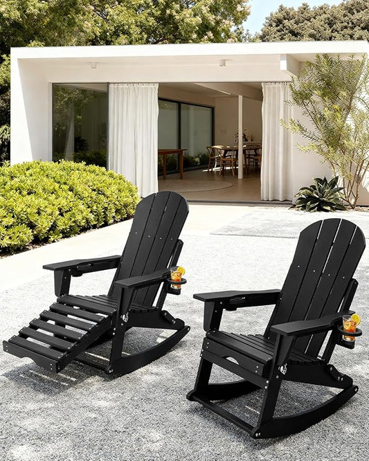 Adirondack Rocking Chairs Set of 6 with Retractable Ottoman, All Weather Folding Adirondack Chair with Two Cup Holders, Adirondack Outdoor Rocking Chairs for Porch, Patio, Balcony. Black