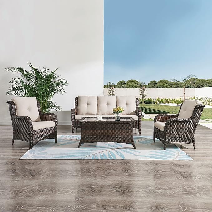HUMMUH Outdoor Furniture 4 Pieces Patio Furniture Set Wicker Outdoor Sectional Sofa with 2 Patio Chairs,Coffee Table(Grey/Grey)