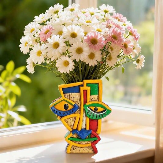 Abstract Face Planter Pot with Drainage Hole - 7.4 Inch Unique Picasso Head Flower Pot, Colorful Resin Art Decor for Indoor Plants, Cute Home & Garden Decor for Succulents