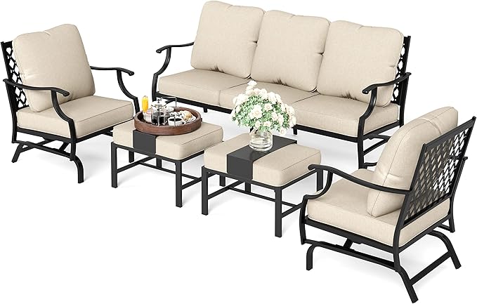 HERA'S HOUSE 5 Pieces Patio Furniture Set, 2 x Cushioned Rocking Chair, 2 x Ottoman, 1 x 3-Seat Sofa, All Cushioned 7 Seats Outdoor Conversation Set for Lawn Garden Backyard